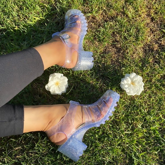 Shoes - Clear Glitter Chunky Heel Sandal